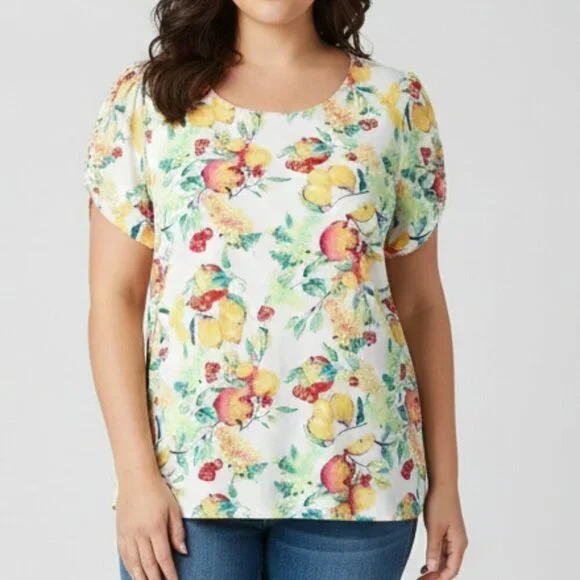 LC Lauren Conrad Blouse Top - 2X - Fruit Lemon Apple Cherry - Picture 1 of 6